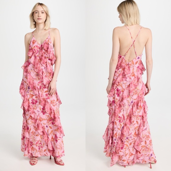 NWT MISA Damita Maxi Dress in Fire Florals Mix Pink Ruffle - Picture 2 of 10